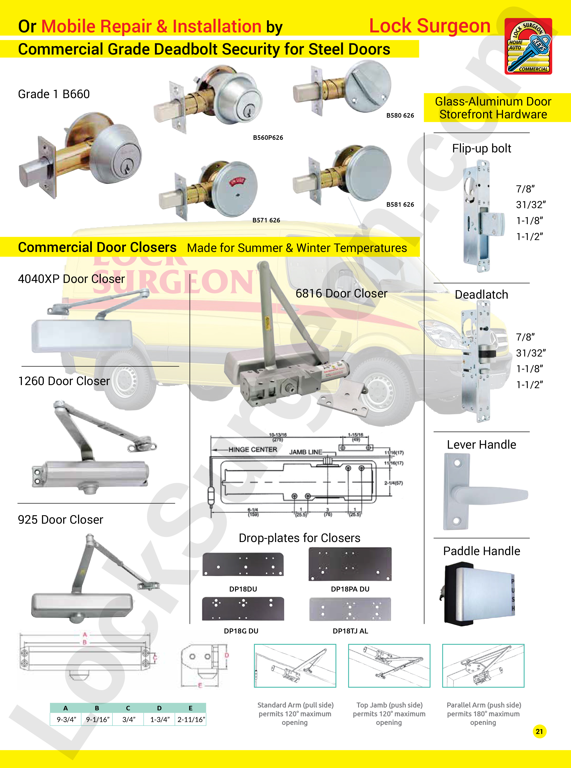 Steel door commercial grade deadbolt security for commercial buildings, warehouses, office building & apartment complexes. Lock Surgeon or Door Surgeon locksmith technicians can supply and install new security deadbolts or repair your broken ones. Deadbolts can be picked open and rekeyed.